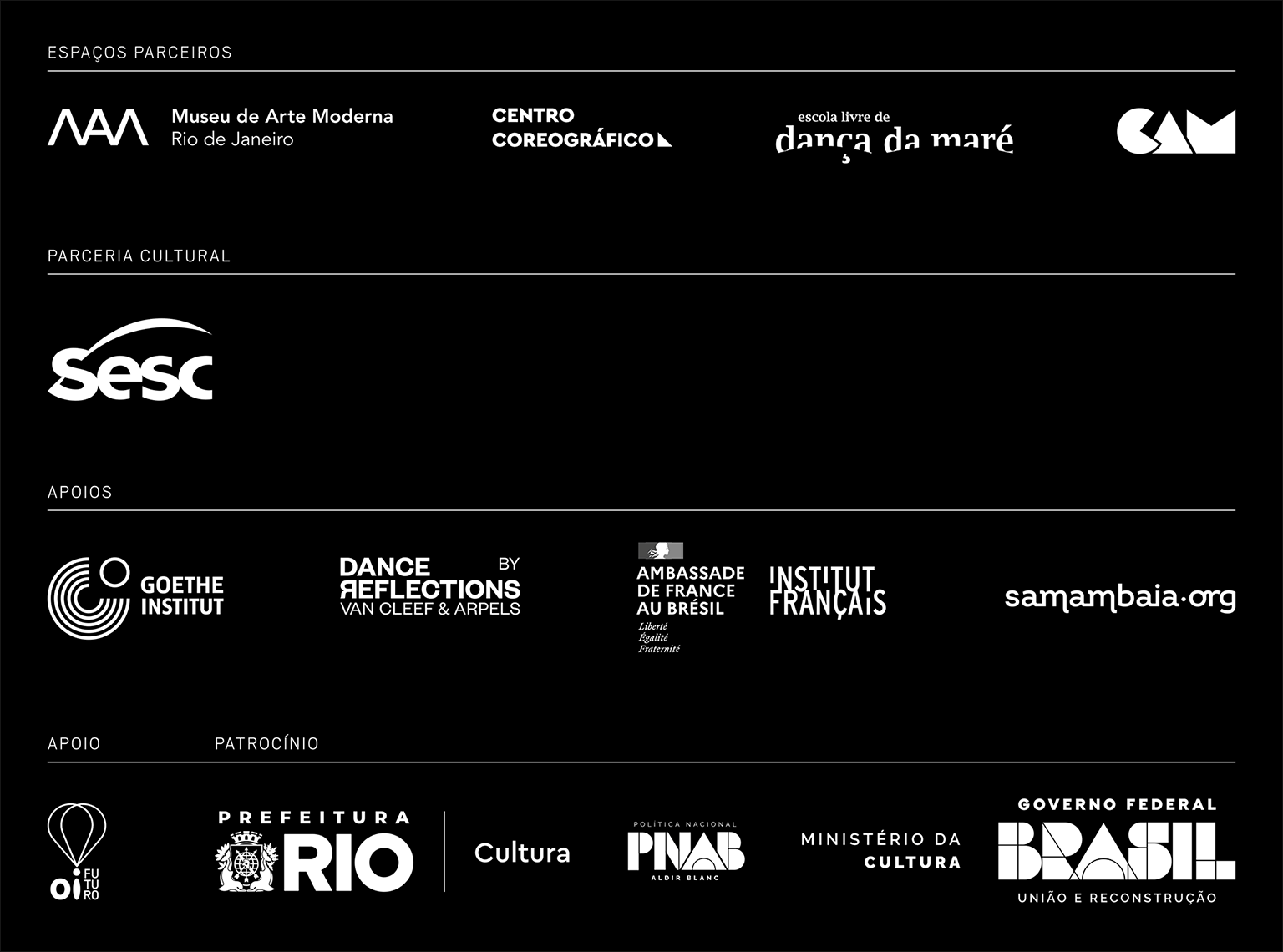 A imagem contém logos de diversas instituições organizadas em categorias. Em Espaços Parceiros, estão: Museu de Arte Moderna Rio de Janeiro (MAM), Centro Coreográfico, Escola Livre de Dança da Maré e CAM. Em Parceria Cultural, o Sesc. Na seção de Apoios, estão os logos do Goethe Institut, Dance Reflections by Van Cleef & Arpels, Ambassade de France au Brésil (Embaixada da França no Brasil), Institut Français e Samambaia.org. Na parte de Apoio e Patrocínio, Oi Futuro, Prefeitura do Rio de Janeiro - Cultura, Política Nacional Aldir Blanc (PNAB), Ministério da Cultura e Governo Federal do Brasil - União e Reconstrução. A imagem tem um fundo preto e os logos estão em branco, organizados em blocos separados por linhas horizontais.